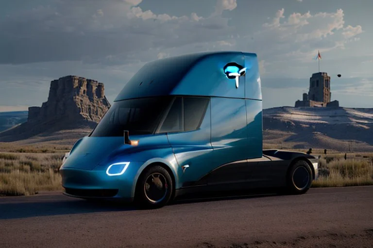A Tesla 'Semi' (semi truck) is parked, near the 'Devils Tower' in Wyoming. (CINEMATIC, WIDE ANGLE LENS, PHOTO REAL)