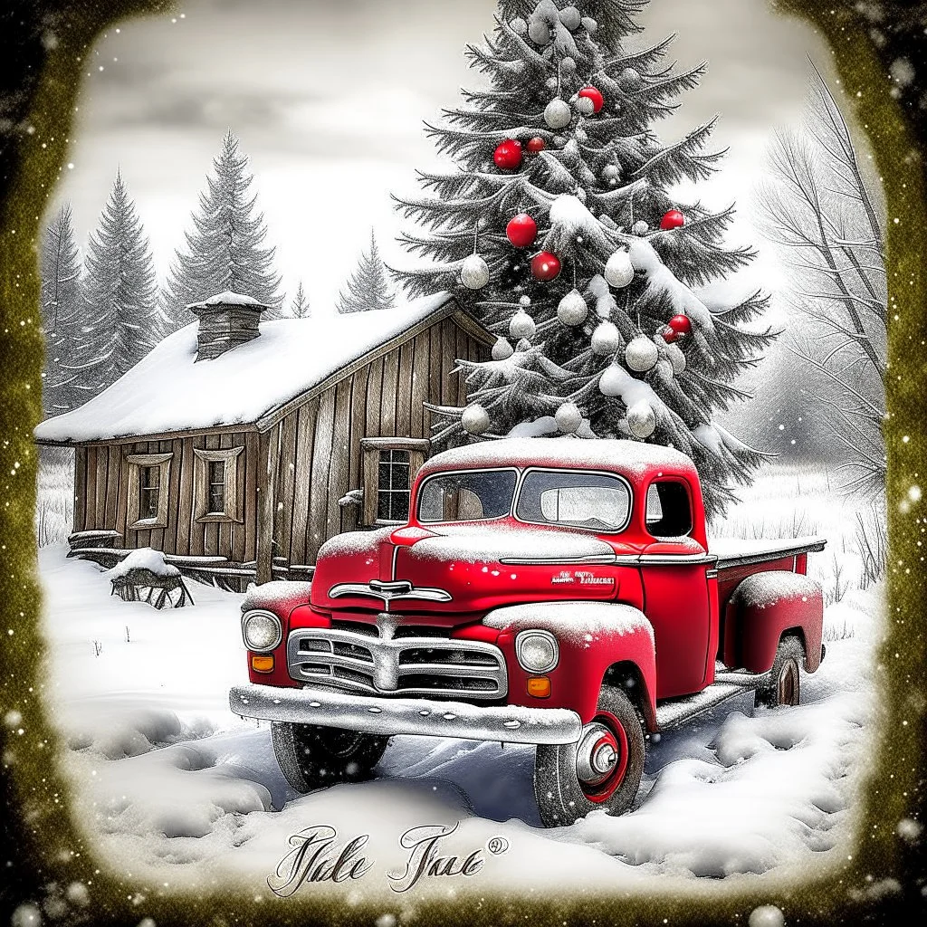 old vintage red Ford pickup truck with decorated Xmas tree in bed of the truck.. In the background is a weathered barn. Snow is falling. Mood is festive. "Take a little Xmas with where ever you go" is written on bottom.