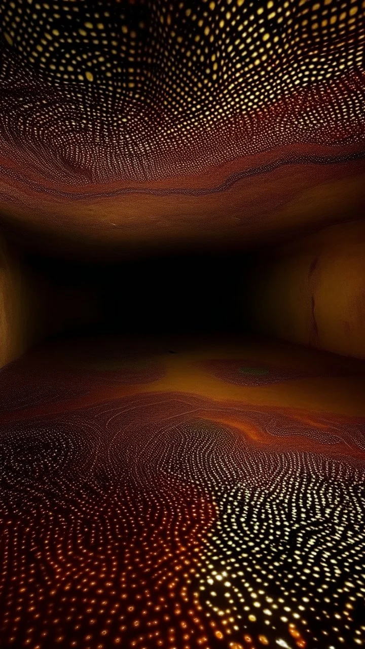 A tan cavern with moles designed in Australian aboriginal art