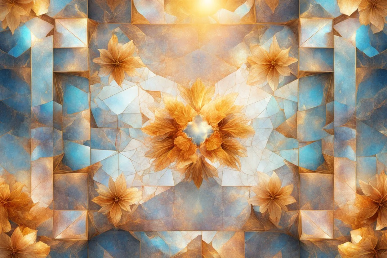 beautiful composition, symmetric pattern, Double exposure of cubes in which abstract flowers are, cracked holographic marble background, the cracks are golden S<AI in sunshine