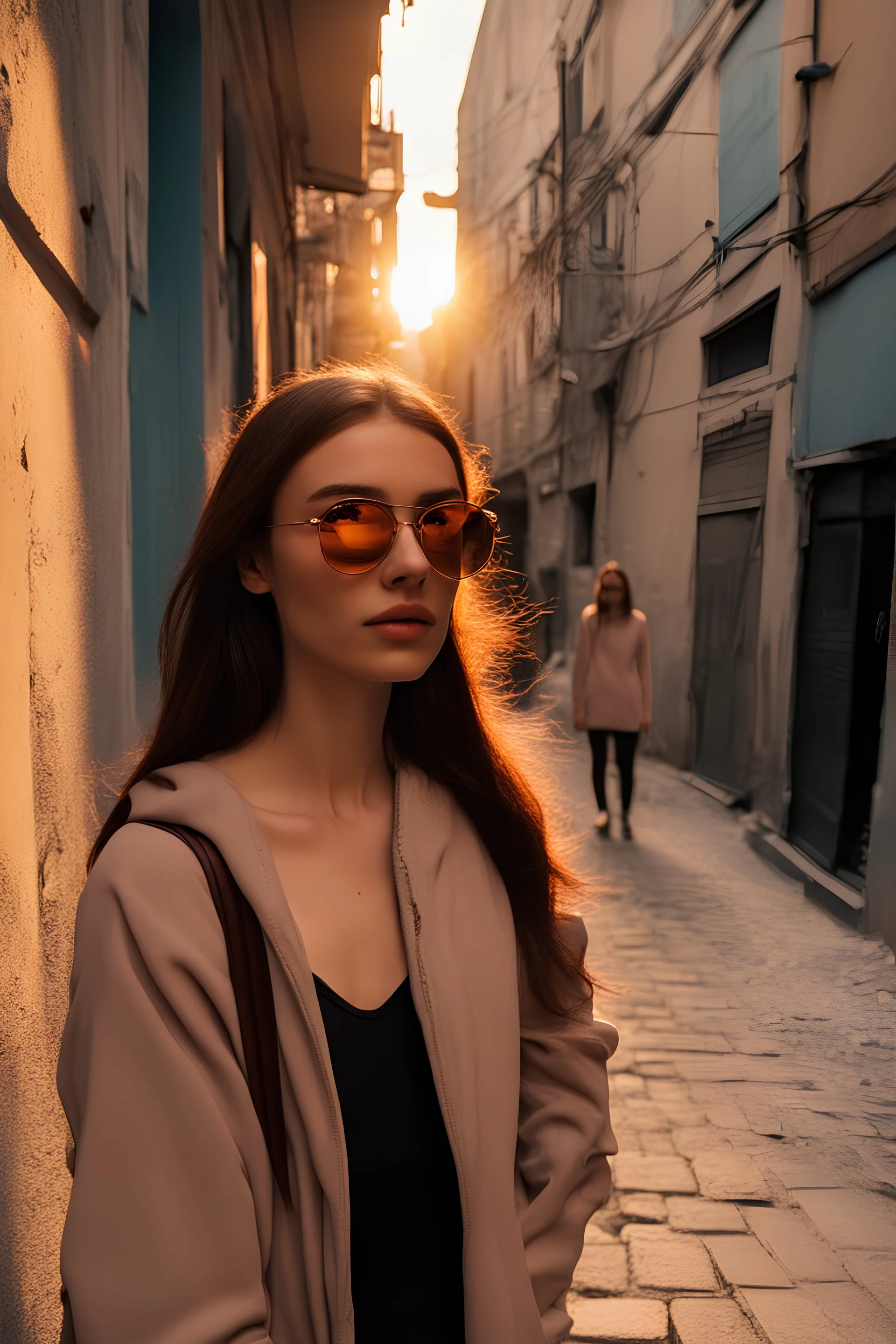 A selfie of a brunette student in a back alley in Istanbul at sunset wearing her own makeup, reflecting the sun in her sunglasses.