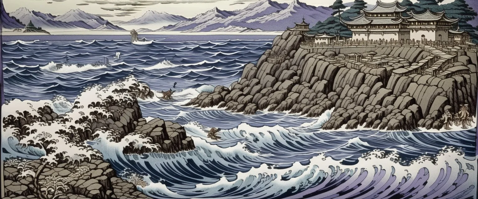 A purple seaside near an ocean designed in ancient Greek pottery painted by Katsushika Hokusai