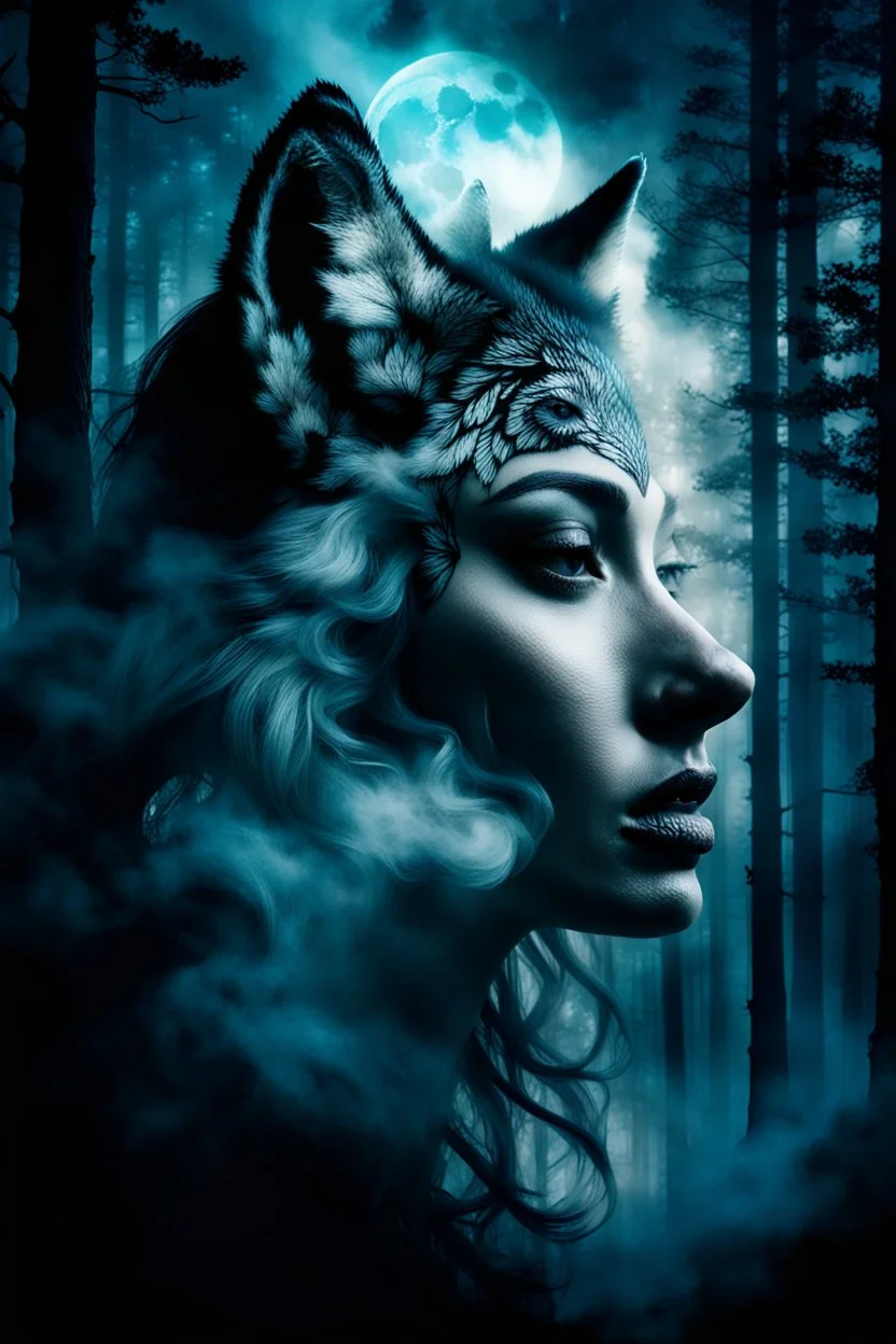 double exposure stunning woman-wolf hybrid portait, forest, moon, smoke, ultra-high detailed, deep dark colors, dark fantasy, intricate detail, cinematic, masterpiece, sharp focus, dark ethereal fantasy, hyperdetailed, atmospheric , dark surreal fantasy