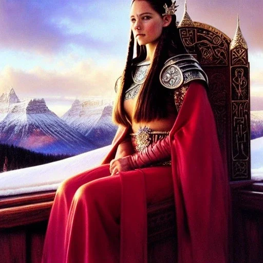 portrait beautiful face viking queen,sitting throne,window,braids,busty,,snow,castle,mountains,ancient leather armor, balanciaga fashion clothe painting by gaston bussiere, greg rutkowski, yoji shinkawa, yoshitaka amano, tsutomu nihei, donato giancola, tim hildebrandt, oil on canvas, cinematic composition, extreme detail,fit full head inside picture,16k