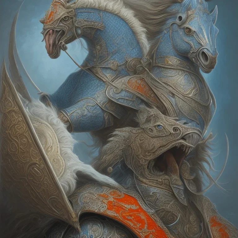 angry stallion in Blue and orange battle armor, bucking, a highly detailed illustration, background of Inka jungle, realistic render, 8 k, micro detail, intricate, elegant, centered, digital painting, Artstation, smooth, sharp focus, illustration, artgerm, tomasz alen kopera, peter mohrbacher, donato giancola, joseph christian leyendecker, wlop, boris vallejo