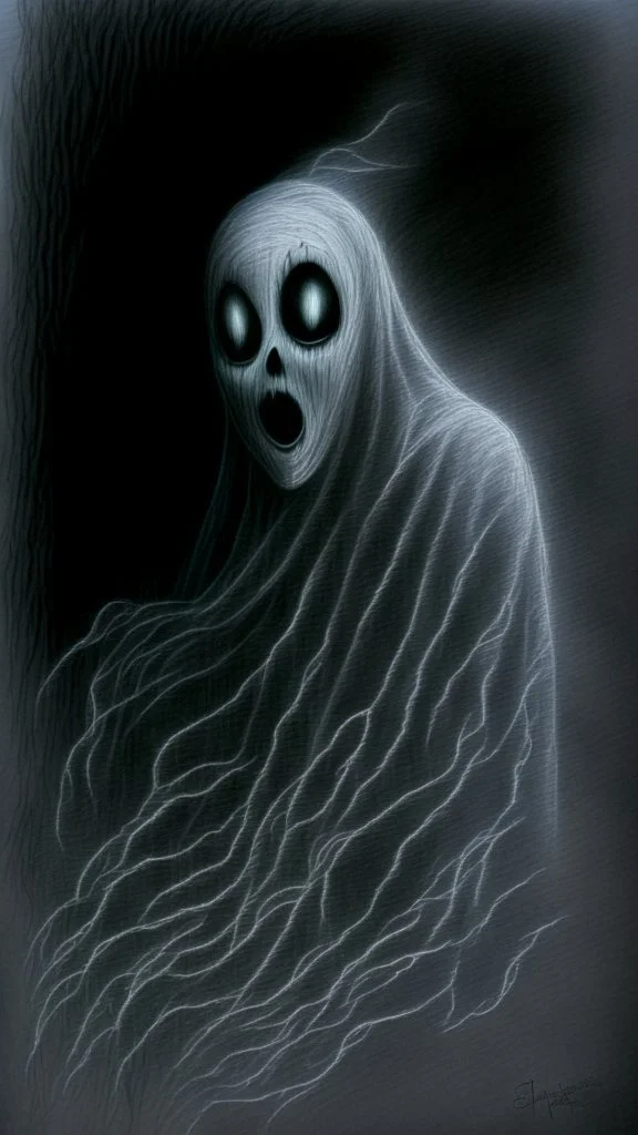 pencil drawing of ghost, Spooky, scary, halloween, black paper, color