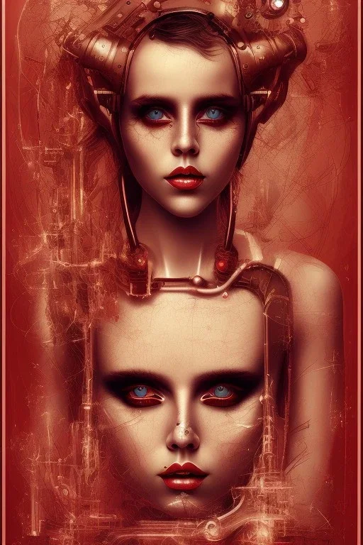 Danish singer MØ face,Abstract steampunk, red tones,