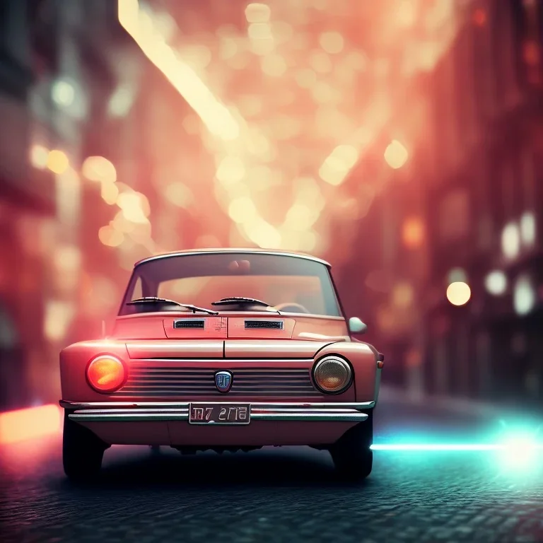 fiat 125p, city. high speed. bokeh. lens flare. warm lights. high detailed