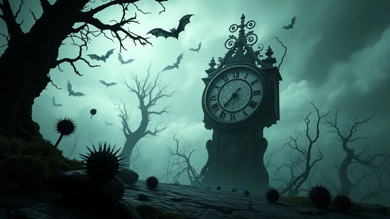 surreal dreamlike scene, nightmare on eart and in sky, midnight in the garden of death, some small black prickly balls on the earth and on sky, mystic gloomy, surreal dark shadows and pale light, stones, cracked eart, dark winter-like vibe, dark weird shapes floatings ,come strom , dark green moss, weird tall dark musroom, bats on sky, branch on eart,deep dark colors, dark twisting tendrils around big clock ,Clock Midnight, wind, fog, detailed, cinematic, Unity R