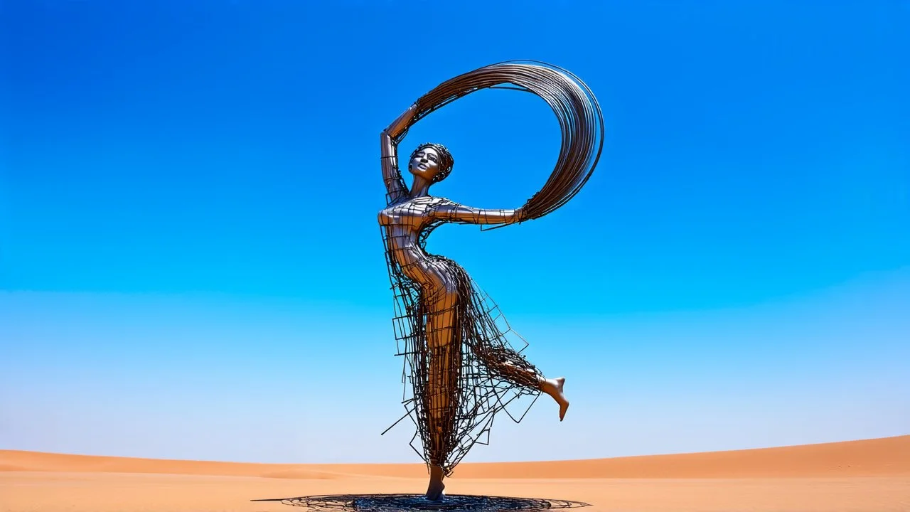 dancing sculpture of a wind-blown lady made of scrap metal and glass in the desert; |wind aesthetics, amazing reflections, wonderful textures, circular swoosh, dynamic, cinematic, dramatic, cam in motion, swirl dynamics, deep low angle, Katsuhiro Otomo style, summer heat, bright tone, sharp shadows, immersed in motion