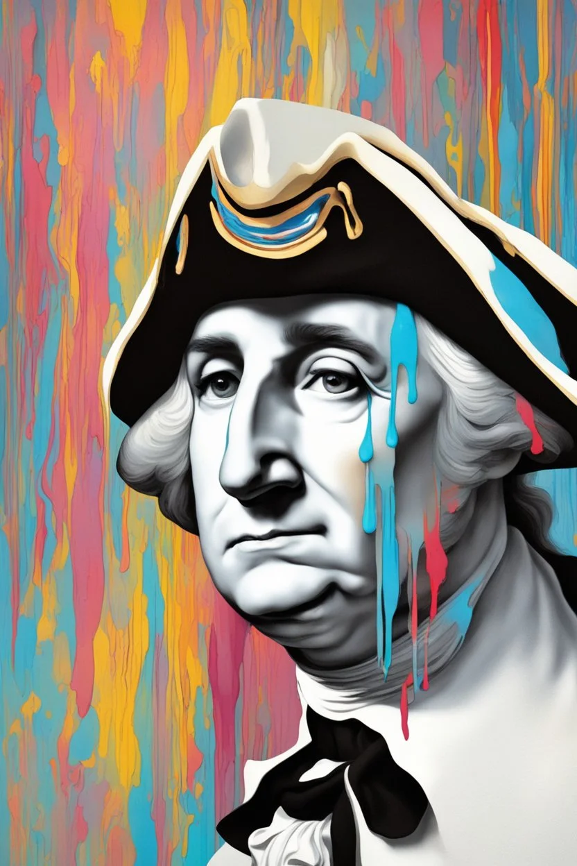 "Generate an artistic portrayal of George Washington's visage slowly melting, resembling paint trickling down a canvas, capturing the surreal transformation with vivid colors and fluid motion."