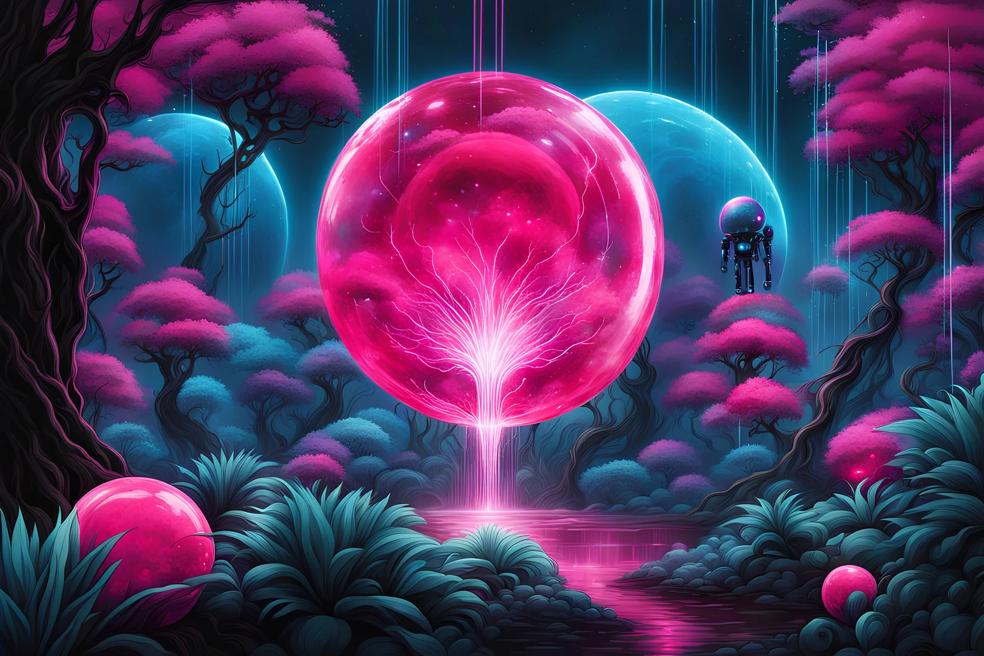 A vibrant pink and neon blue shower and tiny balls of energy, reminiscent of a nebula, set against among the dark silhouettes of plants , roots and trees, tiny metal ball robots floating and researches, cares plants, futuristic, etheral the essence of the energetic and captivating display, with the colors swirling throughout in the scene. digital art