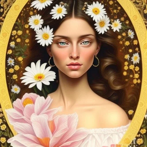  beautiful, holy and pretty very young european female face portrait, detailed eyes, hair with flowers, cosmic ambiance , 8k