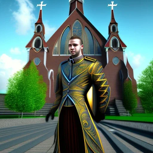 A handsome npc ständig in front of a church, futuristic design, a paradise in background