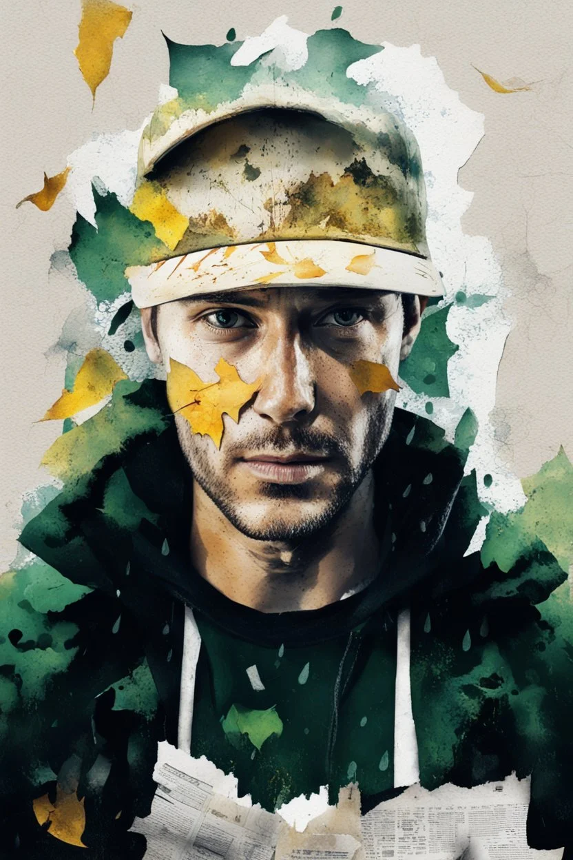 background old, cracks, yellow, torn canvas, gouache, double exposure, man, baseball cap, 40 years old, fine drawing, blots, newspaper scraps, leaves, green, autumn, rain, city, branches, 8K, double exposure