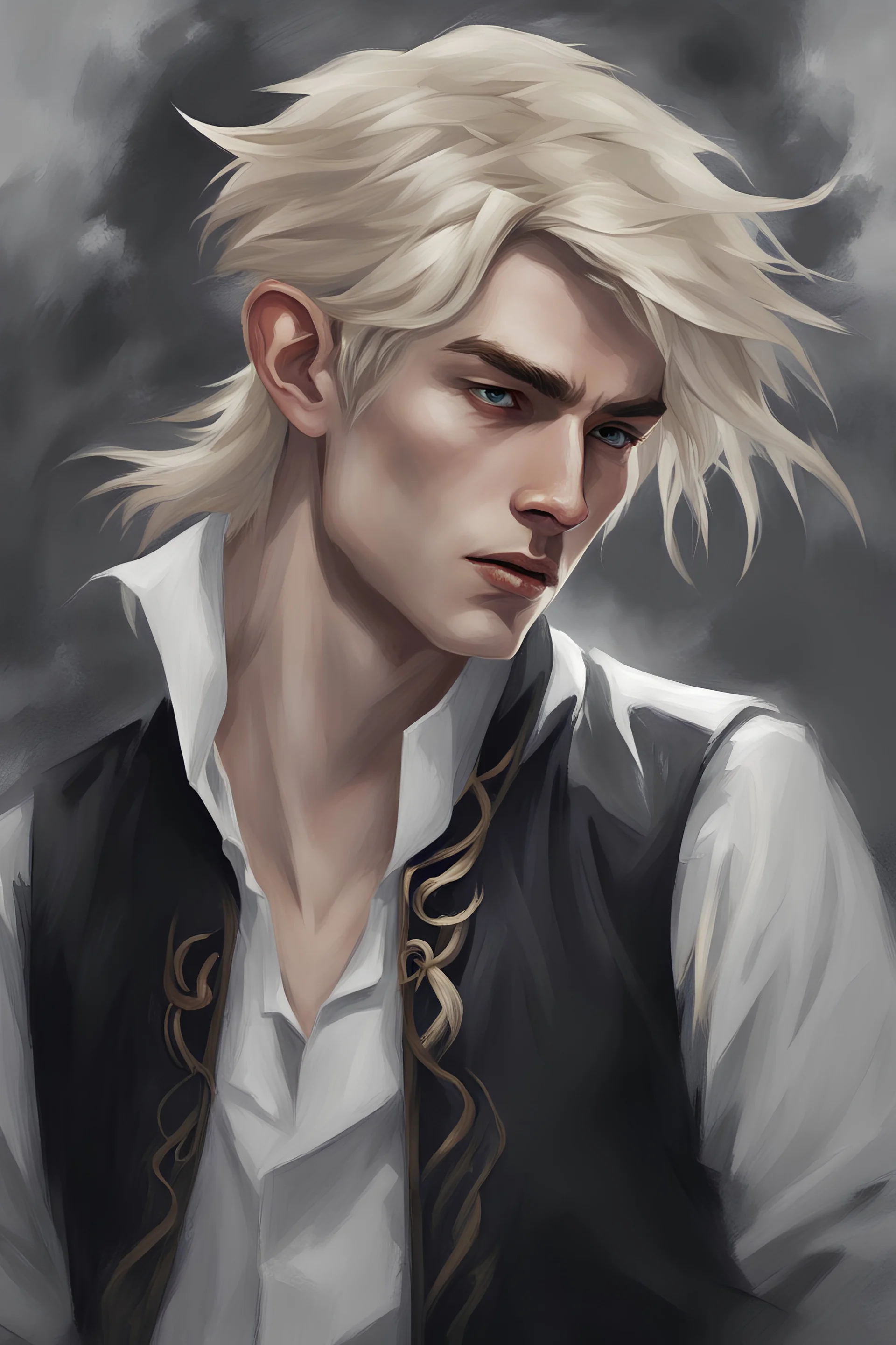 The style is an oil painting. Dark palette. Fantasy style. A young man. A feminine face. There's a lightning mark on his face. Elf ears. Long blond hair. Waist-high. A white shirt.