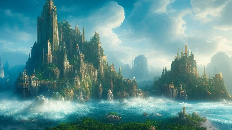 Atlantis, fantasy, landscape, realistic, volumetric lighting, 8k, RTX, style Albert Bierstadt