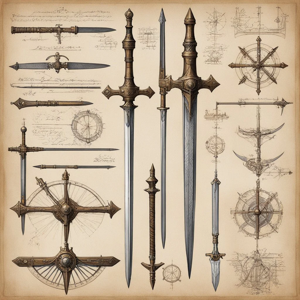[Codex Atlanticus, Leonardo da Vinci (1478)] Design collection of the epic fantasy weapon. Engraved drawings (paper, liners, Infinite Painter, Adobe Illustrator + texture) Katana, Falchion, Claymore, Khopesh, Dao, Xiphos, Cutlass, Estoc, Ulfberht, Jian, Tulwar, Sabre, Kris, Makaira, Spatha, Gladius