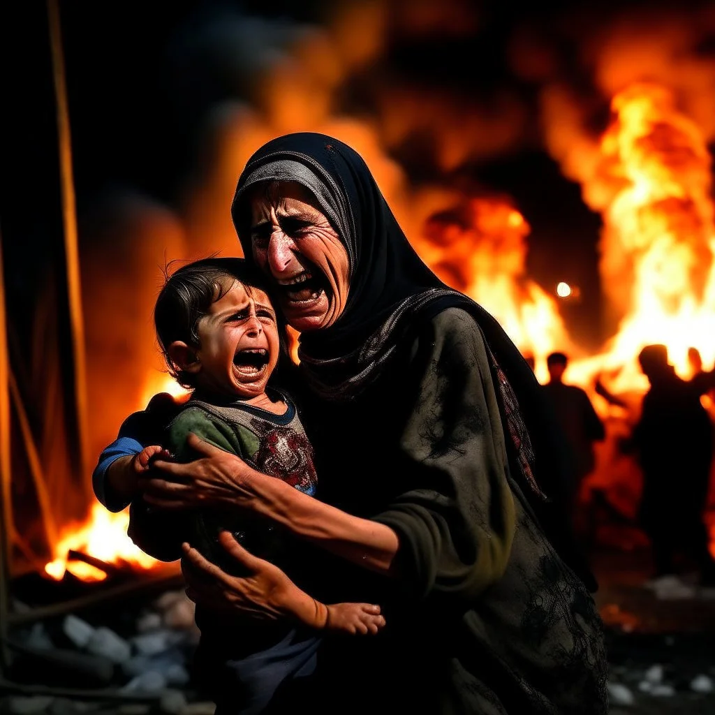 A Palestinian woman wearing the Palestinian dress carries her dead son as she screams and cries at night, with explosions in refugee tents behind her.