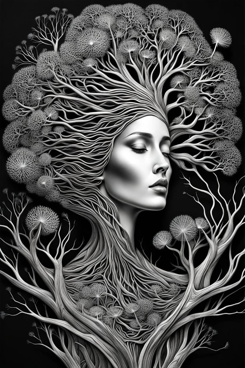 abstract illustration of a fractal inspired driftwood sculpture of a beautiful lady, dark and dry branches, harmony, holding a dandelion, intricately detailed, beautypunk, black and white, closed eyes, etheral, the smell of the hope, Style: isometric