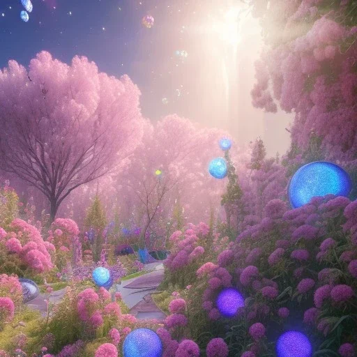 astronave grande luminosa, cristalli luminosi, SWANN, fiori, alberi in fiore, cielo rosa blu, pieno di dettagli, sole liscio e luminoso ， atmosfera di luce soffusa, effetto luce ， vaporwave colorato, concept art, dettaglio liscio ed estremamente nitido, dettagli finemente sintonizzati, altissima definizione, 8 k, motore irreale 5, messa a fuoco ultra nitida