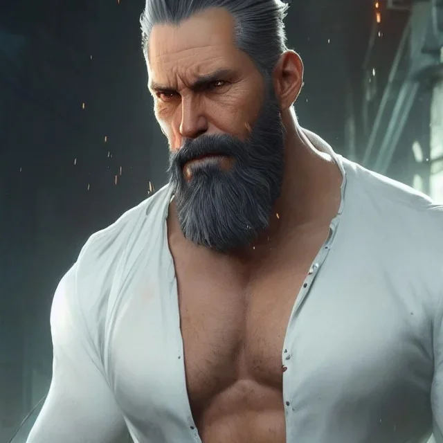 "MIddle aged white human male, with a trimmed but uneven beard, piercing green eyes with slick back hair head and shoulders portrait, 8k resolution concept art portrait by Greg Rutkowski, Artgerm, WLOP, Alphonse Mucha dynamic lighting hyperdetailed intricately detailed Splash art trending on Artstation triadic colors Unreal Engine 5 volumetric lighting Splash art fantasy"