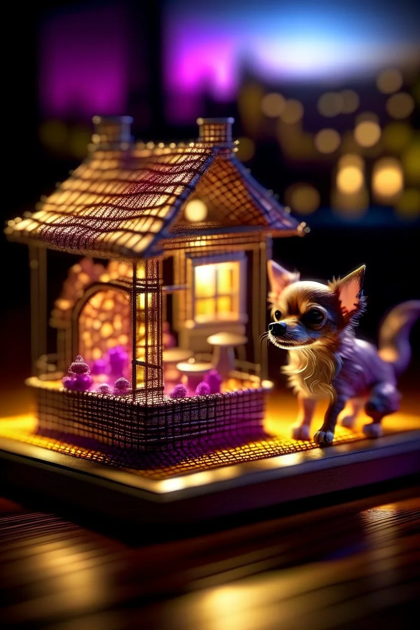 macro kirlian photo of Chihuahua in dog house on isometric model on beautiful luxury kitchen table,luxury salt lamp, glass walls and tunnels in isometric perspective, photo-realistic, shot on Hasselblad h6d-400c, zeiss prime lens, bokeh like f/0.8, tilt-shift lens 8k, high detail, smooth render, down-light, unreal engine 5, cinema 4d, HDR