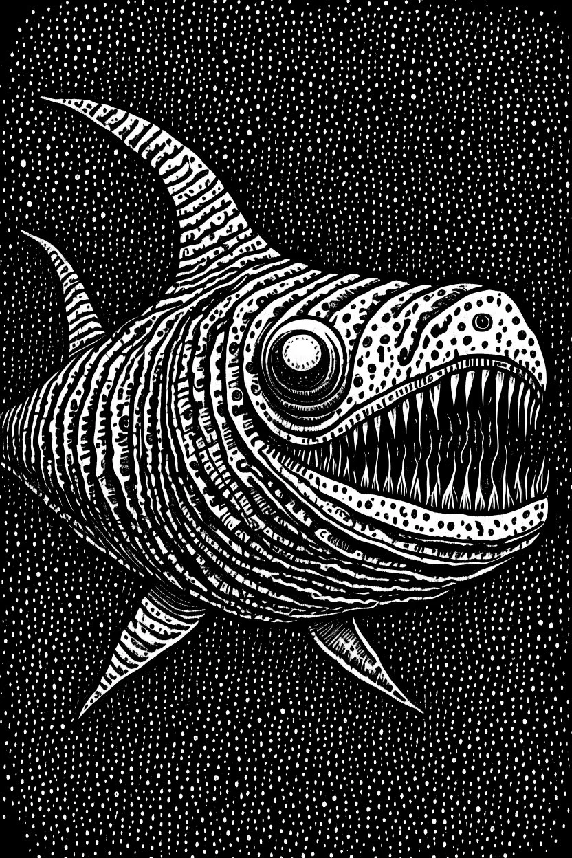 Moth / shark hybrid in the style of "Berserk" manga. B/w.