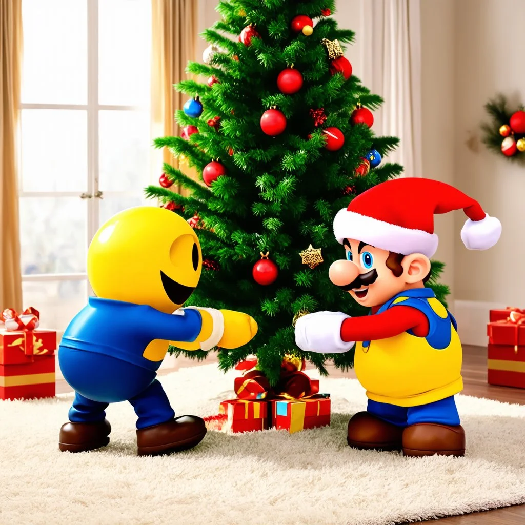 pac-man and mario playing under a christmas tree