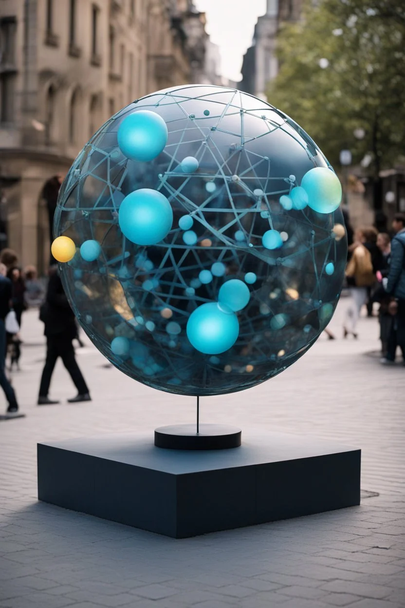статуя на улице, Шар как атом/молекула: Сделать поверхность шара похожей на модель атома или молекулы, используя геометрические формы, светящиеся элементы или проекцию. . Для этого можно использовать различные геометрические формы, такие как круги, треугольники, шестиугольники и т. д., чтобы создать абстрактное изображение структуры атома или молекулы. Кроме того, возможно использование светящихся элементов, чтобы придать статуе особую магическую атмосферу и привлечь внимание прохожих ночью.