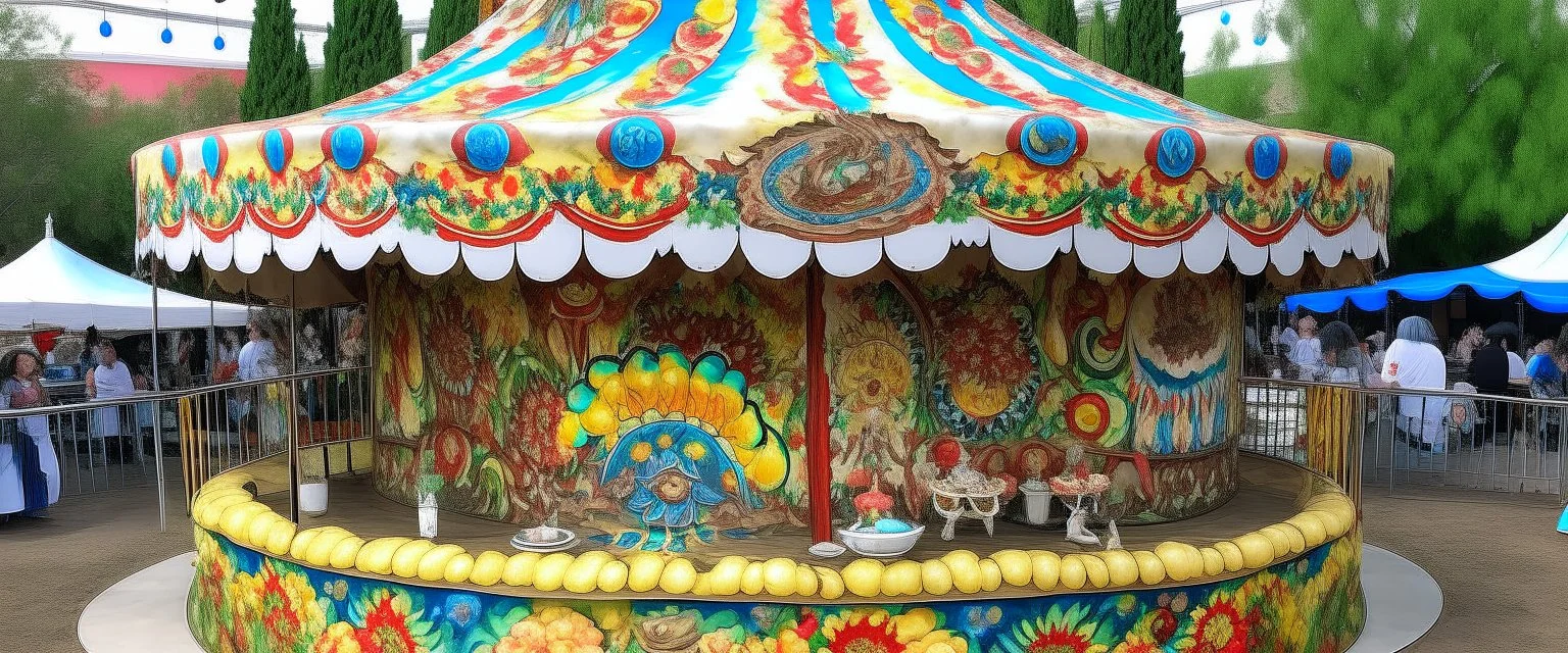 A tan food themed carnival designed in Navajo pottery painted by Claude Monet