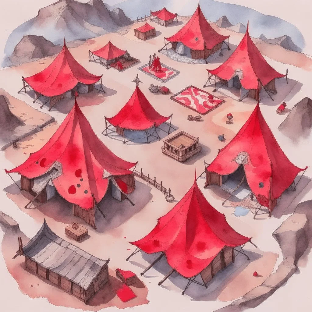 dnd, fantasy, top-down map, map of a large camp, demonic wastes, red, black sand, tents, illustration, watercolour