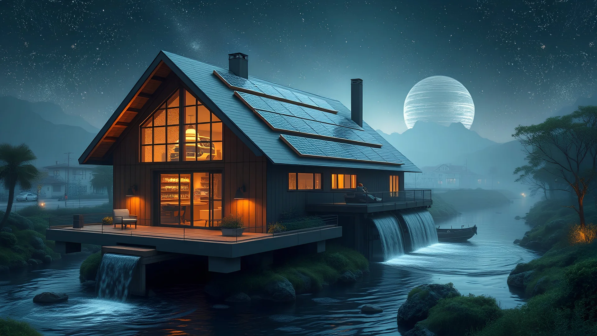 6003. Innovative environmentally-friendly home in a parallel universe, solar panels, water wheel in river, alternative energy, scientific experiment, home of the future, fantasy, robotic, magic, automated, spectacular, futuristic, beautiful lighting, attractive composition, photorealistic, extremely detailed, chiaroscuro