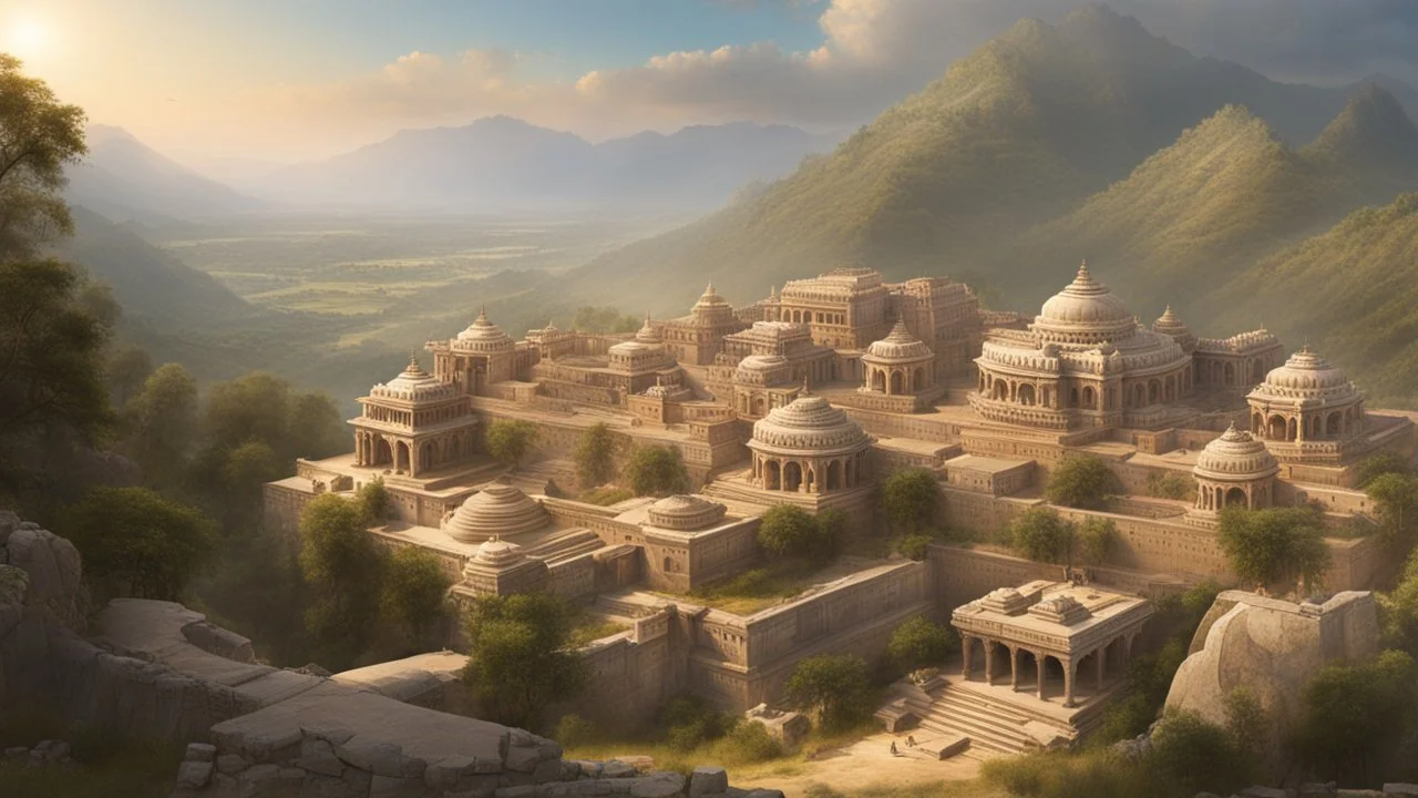 an ancient indian city sprawling across a valley. see from a hill top. marble. fantasy