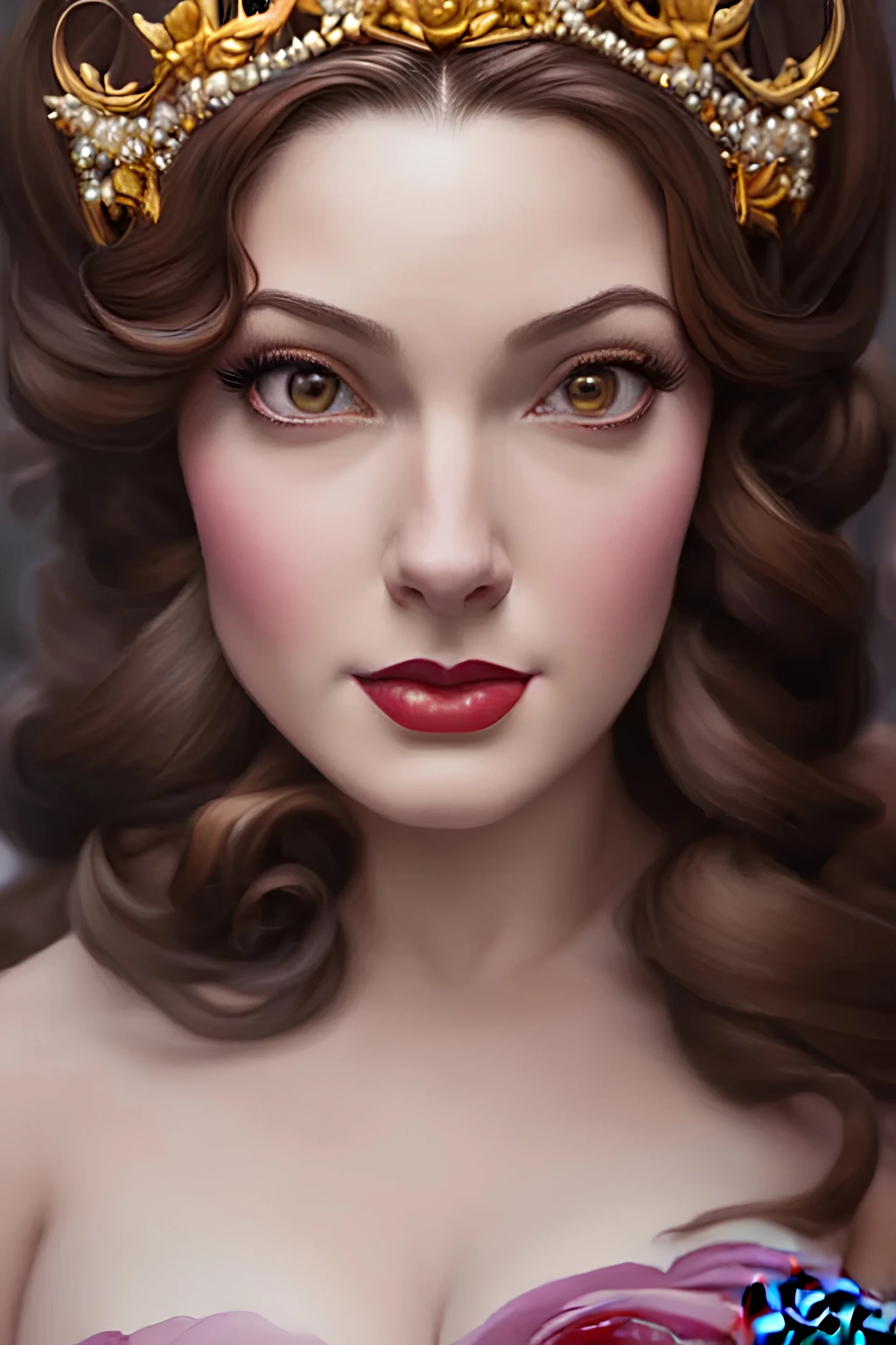 centered, Realist, hyper detailed, head and shoulders portrait, stunningly pinup as princess Belle from disney, daylight, artgerm,Greg rutkowski,vallejo,alphonse mucha