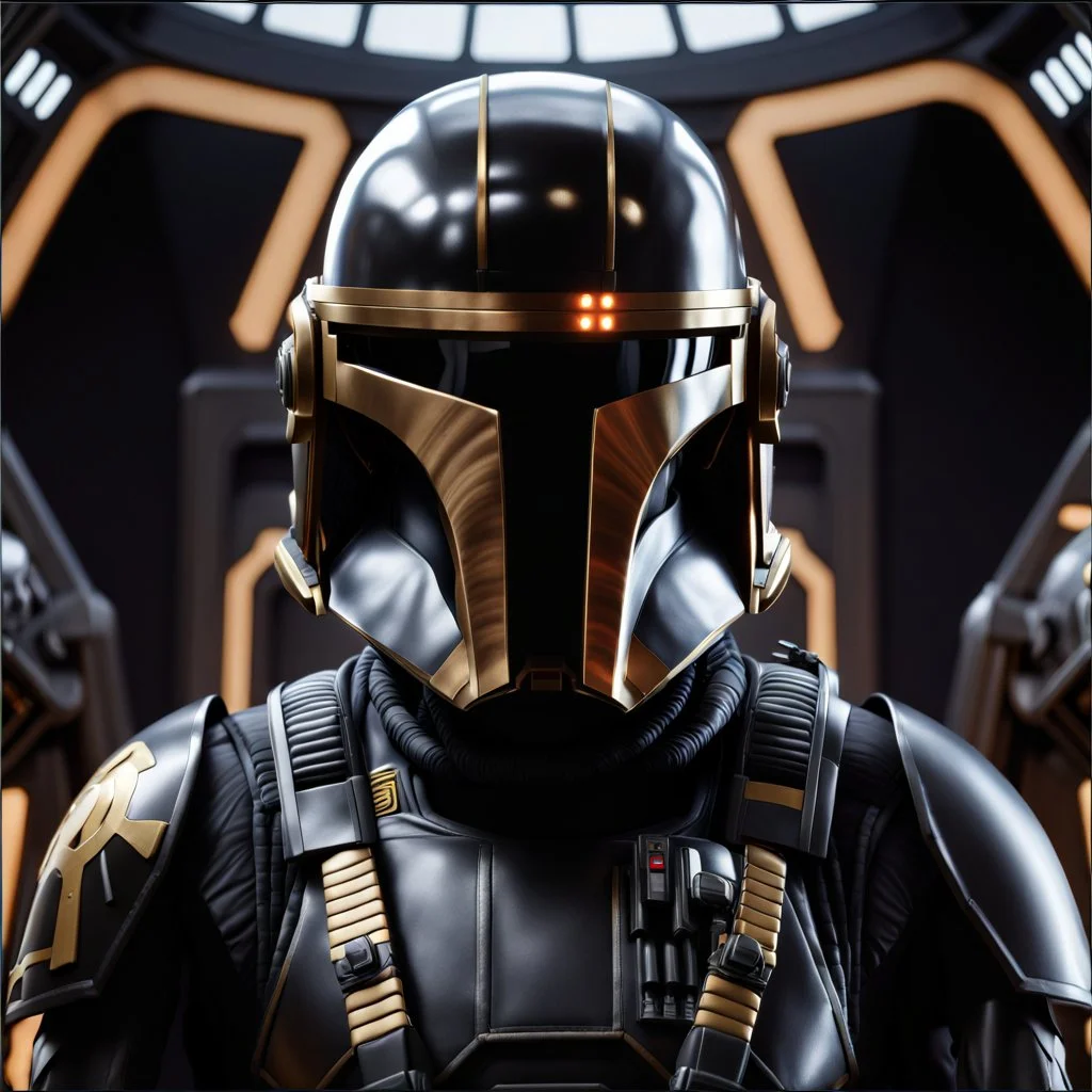 star wars bald male corellian pilot wearing dark gunmetal grey and black First Order special forces TIE pilot armored flightsuit and helmet with gold trim inside the jedi temple, centered head and shoulders portrait, hyperdetailed, dynamic lighting, hyperdetailed background, 8k resolution, volumetric lighting, light skin, fully symmetric details