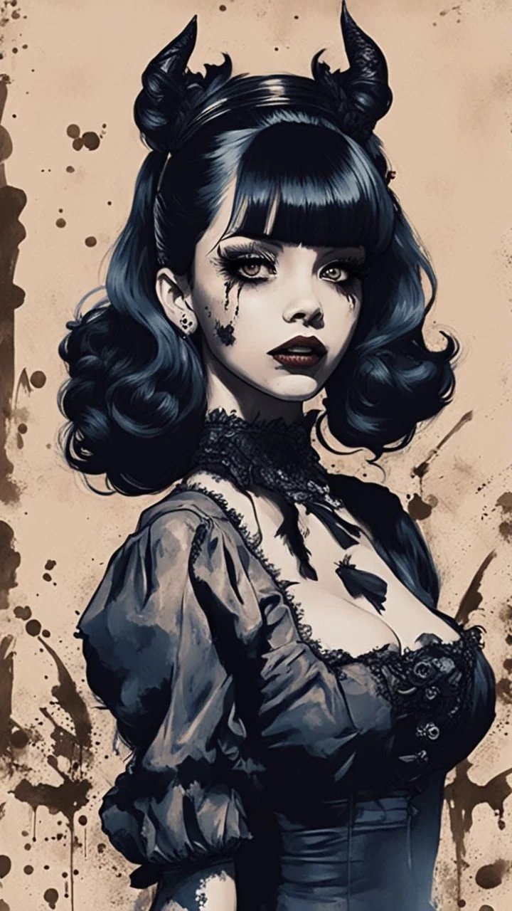 Poster in two gradually, a one side malevolent goth vampire girl face and other side the Singer Melanie Martinez face, full body, painting by Yoji Shinkawa, darkblue and sepia tones,