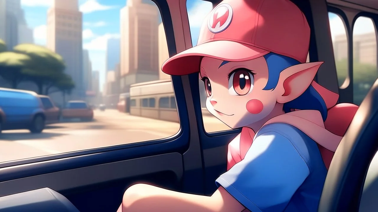 High quality medium shot of Mew sitting in a minivan, city, baseball cap, pokemon, cute