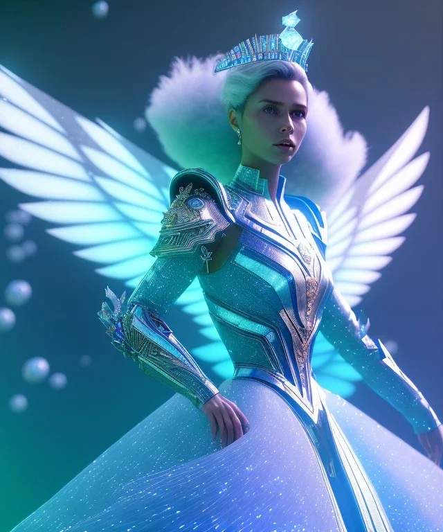 A crystalised queen, atmospheric, realistic, unreal engine, cinematic lighting, octane render. blue, pink, transparency, light, shine,bright, full body, transparent wings, blonde, long hair, beautiful smile