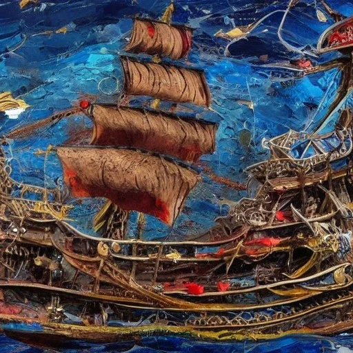 The beautiful pirate ship in the ocean, complex, incomprehensible, 3D, bulky, symmetrical, artistic, 4K, 8K, by Jackson Pollock, a living, real and natural work