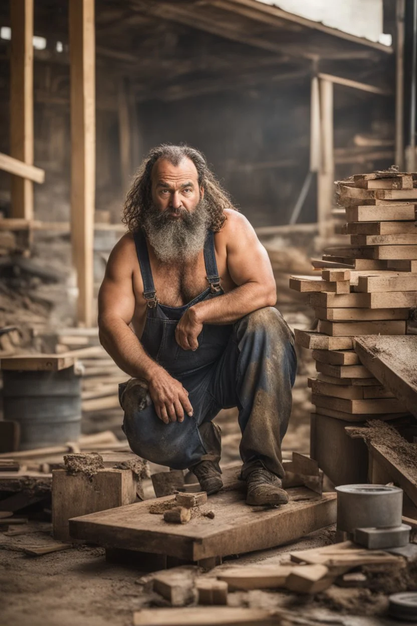 half figure shot photography of an ugly 44 year old stocky big chubby robust burly turkish carpenter embraced, dirty, wet, wearing bulging overalls, shirtless, hairy chest, serious, very virile, long beard, curly hair,, , in a sunny construction work area, photorealistic , photorealistic