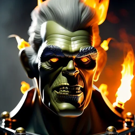 metallic frankenstein's monster on fire, boris karloff, neck bolts, finely detailed, vignette