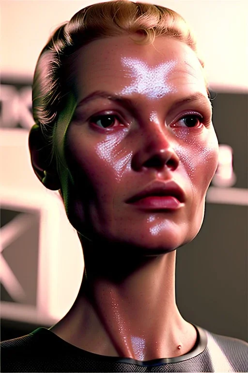 Ultra Realistic retro sci-fi, Supermarket parking scene, 1960 year, blonde woman, sweet young Kate moss face, x ray lights eyes, face makeup, tight latex coat, levitating cars, many panic people, Retro sci-fi style, soft color, highly detailed, unreal engine 5, ray tracing, RTX, lumen lighting, ultra detail, volumetric lighting, 3d, finely drawn, high definition, high resolution.