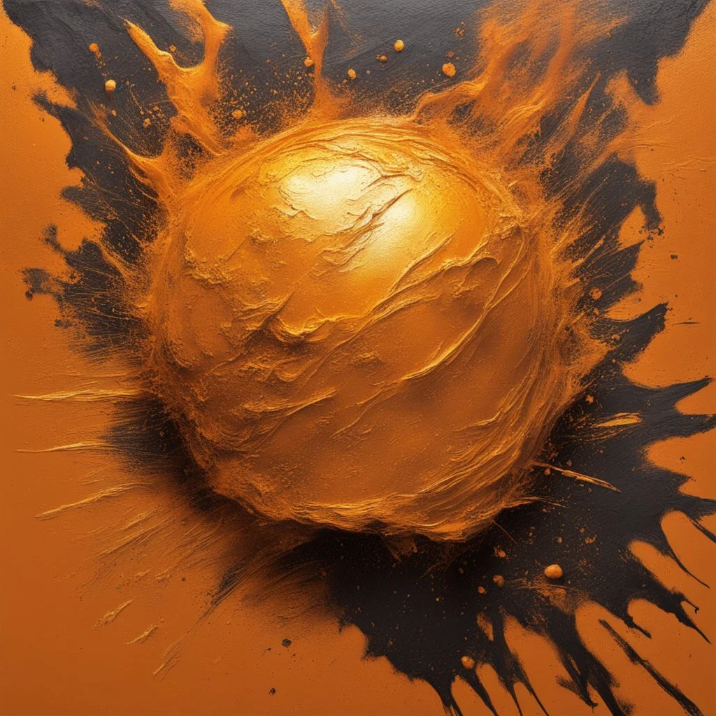 Hyper Realistic Golden-oil-paint-scratches on orange-background with burning-embers on it