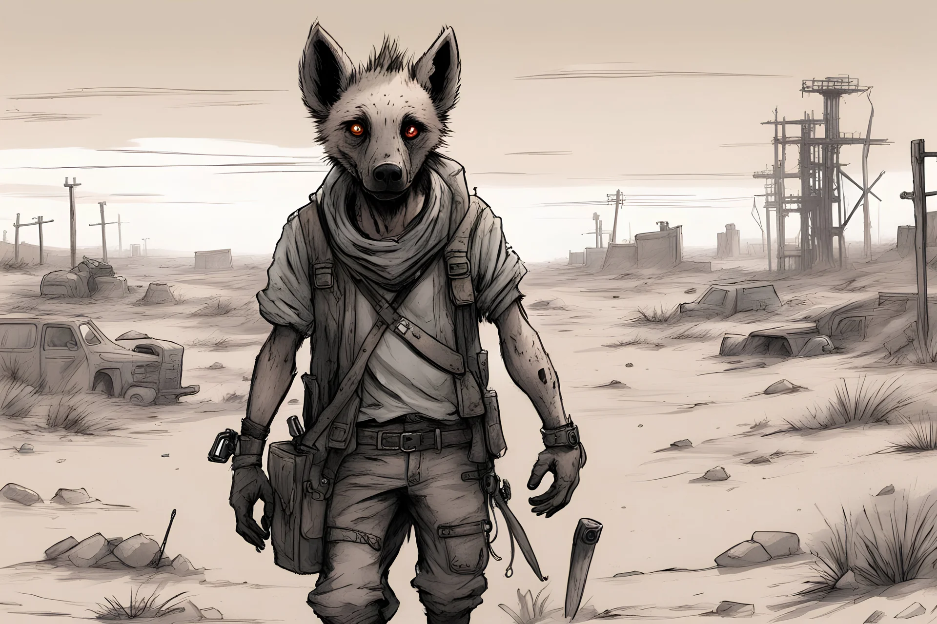 anthro hyena bandit, wandering in the wasteland, post-apocalyptic, comic drawing