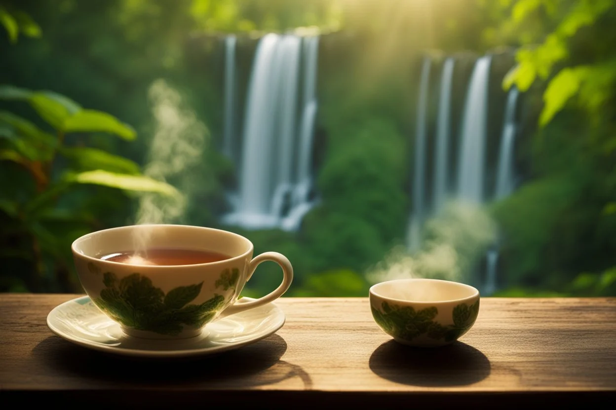 steaming tea in a beautiful china cup on a wooden table, rainforest and a waterfall in the distance in sunshine, ethereal, cinematic postprocessing, bokeh, dof