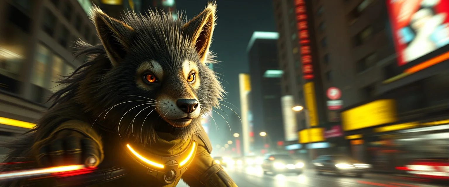 fast cyberpunk weasel rasta man with cute fur, in big cyberpunk city, in the style of fallout 4, with motion blur and volume light