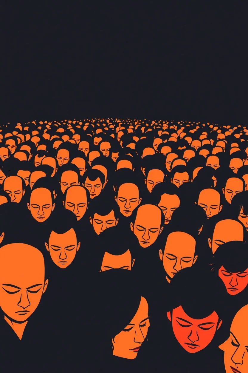 "A conceptual black-and- yellow Red digital illustration of a massive faces walking in the same direction, heads down, symbolizing conformity. The atmosphere feels lifeless and repetitive, emphasizing the ordinary mindset of the majority."