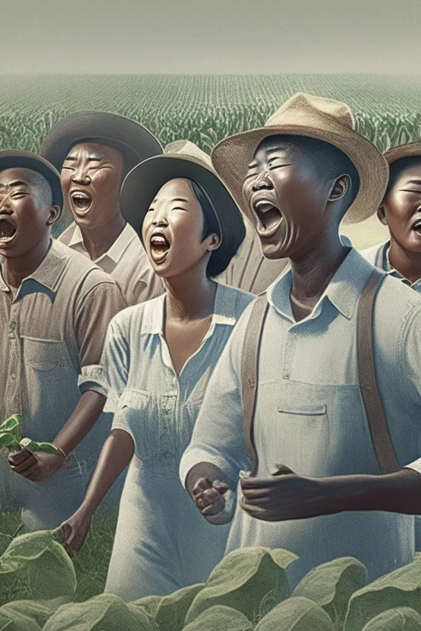 a asian, black, white, latino group of farmers singing in the farming field