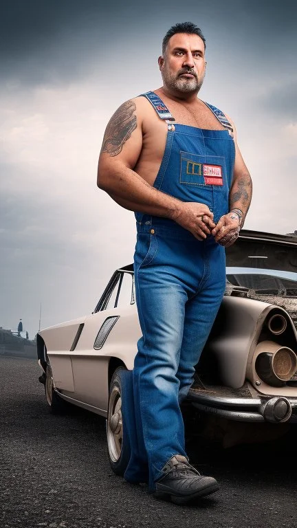 full figure photography of two strong serious 50 years old chubby italian car mechanics men in dirty overalls and tank top, repairing a car, stand up near a car, tattoo, bulge, short beard, in a dirty street, dirty and ugly, bullneck, manly chest, in tank top, emotive eyes, sunlight, photorealism , ultra defined , photorealistic